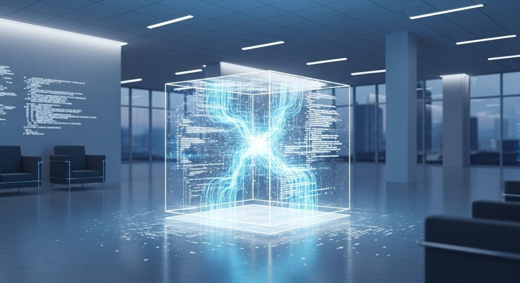 Cubo futurista codificado transparente em um ambiente corporativo.