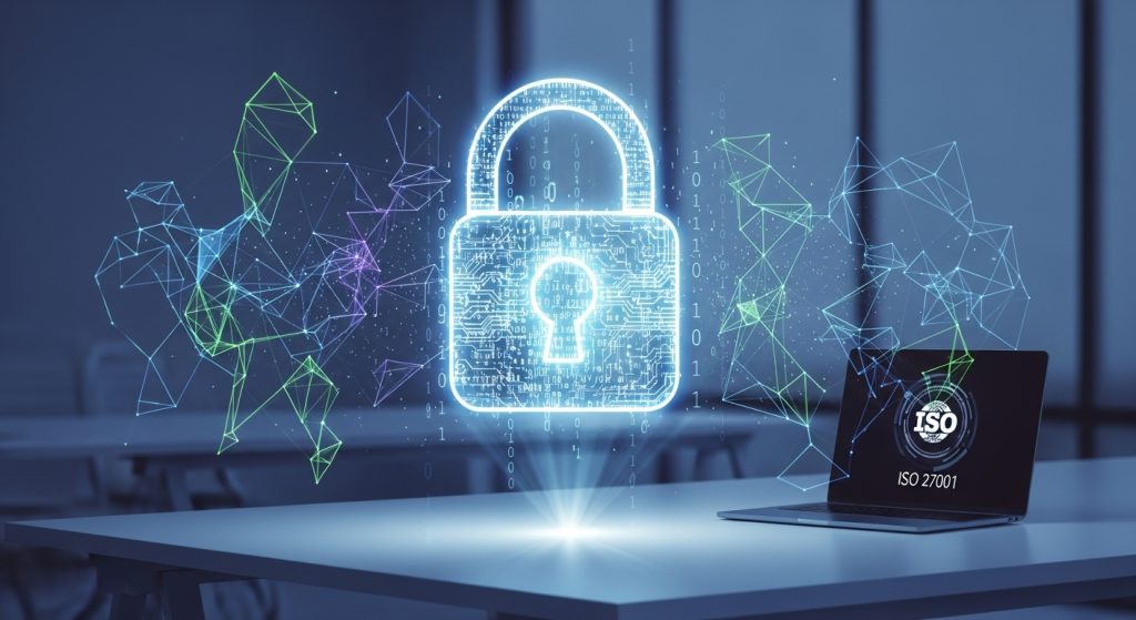 Holograma futurista de um cadeado com códigos e linhas tecnológicas com um notebook ao fundo mostrando ISO 27001.