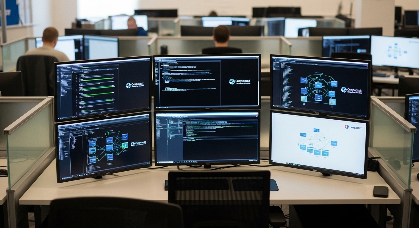 Várias telas de computador mostrando dados interligados e códigos. Ambiente de escritório e trabalho profissional.